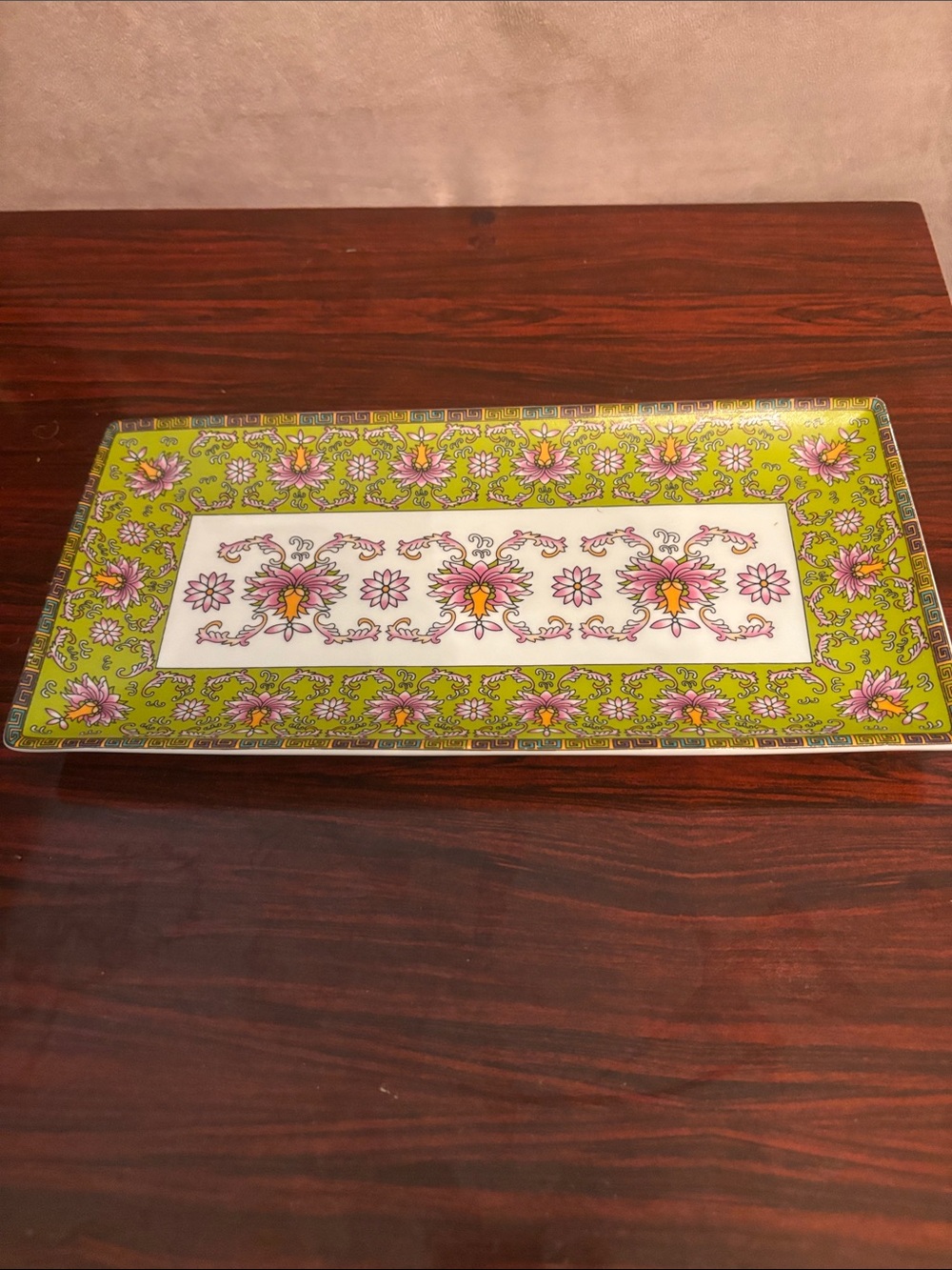 Cost Plus World Market Lime Green and Pink Floral Rectangular Vanity Tray